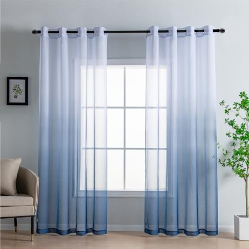 DWCN Voile Curtain Blue Gradient Curtains for Living Room Eyelet Net Curtains for Windows Sheer Curtains for Bedroom Set of 2,55 x 96 Inches