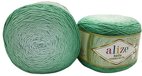 2 x 250 g Alize Bella Batik Ombre Strickwolle Farbverlauf, 500 Gramm Strickgarn 100% Baumwolle, Farbverlaufswolle (grün 7408)