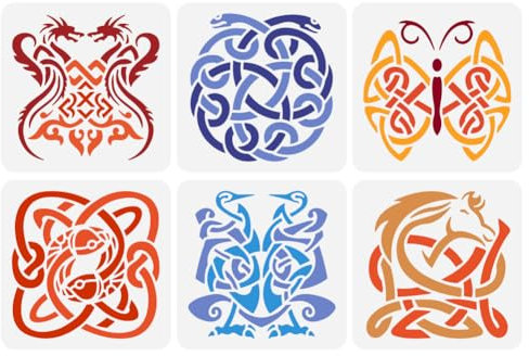 FINGERINSPIRE 6 Stück Keltische Tierknoten Schablone 15x15 cm Keltische Logo Malschablone Kunststoff Drache Schlange Schmetterling Fisch Kranich Pferd Muster Schablone Wiederverwendbare Schablonen
