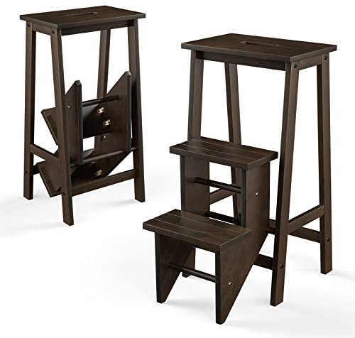 GIANTEX Leiterstuhl Holz 3 Stufen, Trittleiter Tritthocker klappbar Trittstuhl, Hocker Leiter Holzleiter Holz Tritt 310 kg Tragbar, Klappstufen Massiv Gummiholz, Klapptreppe Haushaltstritt 76 cm hoch