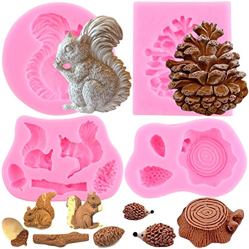 RFGHAC Lot de 4 moules en silicone en forme d'animal de la forêt, en forme d'écureuil, pommes de pin, moule à fondant, souche, tronc d'arbre, moules à bonbons pour décoration de gâteaux, décoration de