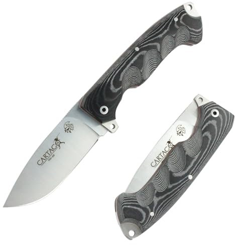 J&V CARTAGO Couteau Pliant pour Bushcraft, Randonnée, Camping et Sports de Plein Air, Lame 11 cm, Gaine en cuir, Handmade in Spain
