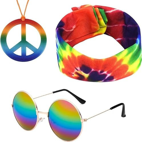3 Stücke Hippie Kostüm Set Hippie Accessoires Mit 60er Jahre Retro Vintage Brille,Friedenszeichen Halskette & Buntem Stirnband,hippie Kostüm Herren,für 60er 70er 80er Party Verkleidung