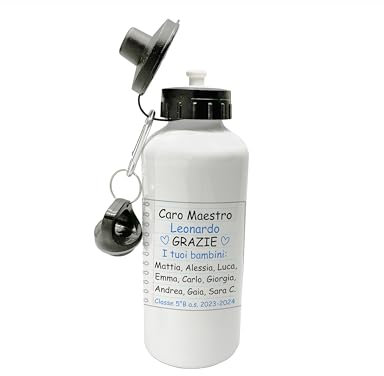 t-shirteria - Borraccia Personalizzata Maestro - Idea Regalo Fine Scuola - Tappo Ermetico Antigoccia e Stampa Anti-scolorimento - Alluminio, Lavabile in Lavastoviglie - 500ml (Quaderno - Grazie)