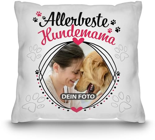 PR Print Royal Hunde-Kissen mit Foto Allerbeste Hundemama - Geschenk für Hundefreunde zum Geburtstag | Personalisiertes Geschenk, inkl. Füllung, Weiß