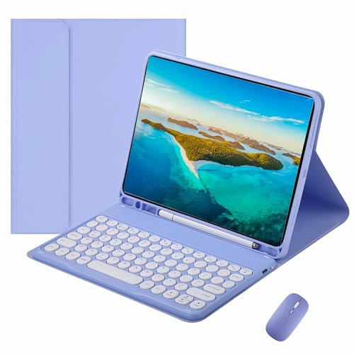XFTeoux Funda con Teclado para iPad Air4/5 10.9Inch 2024 con Ratón, Teclado De Color Redondo Inalámbrico Desmontable,Funda Folio De Piel con Soporte para Lápiz para iPad Air 4/5 Generación,Púrpura