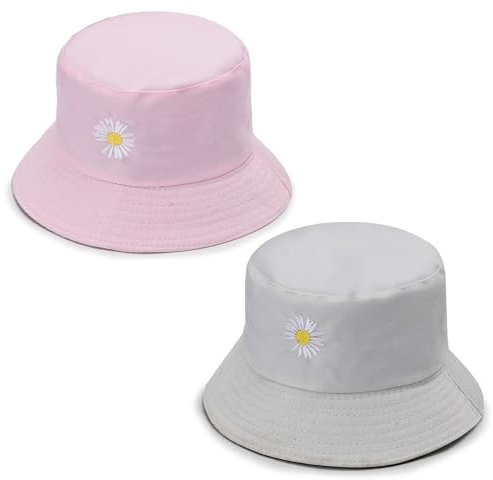 AWAVM Bucket Hats Women 2PCS Daisy Embroidery Bucket Hat Ladies Summer Fisherman Hat Reversible Cotton Bucket Sun Hats Foldable Double-Side Hat for Teens Girls Travel Outdoor Beige and Pink
