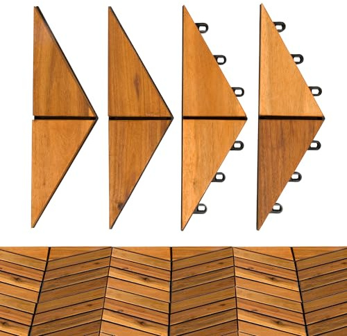 Majestick Goods 4-Pack Herringbone Edge Acacia Wood Interlocking Deck Tiles | Border Trim for Patio Flooring, Balcony, Porch & Walkway, Simple Setup, Slip-Resistant, 12 x 8 x 0.9 in - Brown