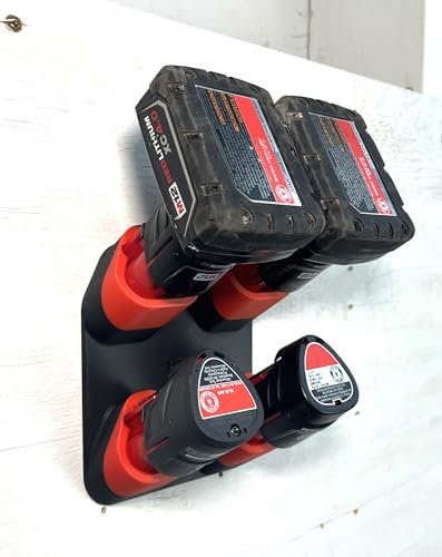 Generic Battery Holder for Milwaukee M12 - Compatible with Milwaukee 12V Batteries - Holds up to 4 Batteries - Wall Mount - Made in The USA (Red & Black (Better fit), Four Batteries)