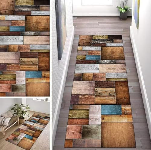 ZUZEKU Läufer Flur Küche Waschbar rutschfest 80X340cm Bunt Holzmaserung Lang Küchenteppich Flurteppich Teppich Fur Korridor Wohnzimmer Schlafzimmer Meterware Anpassbar