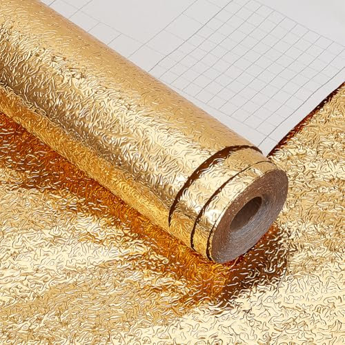 NBEADS Kitchen Wallpaper, 10m×39.5cm Peel and Stick Wallpaper Embossed Aluminum Foil Backsplash Sticker Golden Self Adhesive Contact Paper for Kitchen Bathroom Countertops