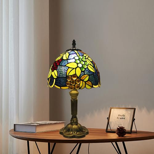 Mengjay Tischlampe Vintage,Tischlampe mit Glasmalerei Lampenschirm,E27 Fassung,Retro Industrial Nachttischlampe,Jugendstil Tischleuchte für Schlafzimmer, Wohnzimmer, Büro (B)