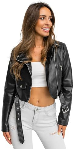 BOLF Damen Lederjacke Bikerjacke Kunstlederjacke Jacke Übergangsjacke Lederimitation Stehkragen Reißverschluss Zip Basic Outdoor Casual Style 102205A Schwarz XS [D4D]