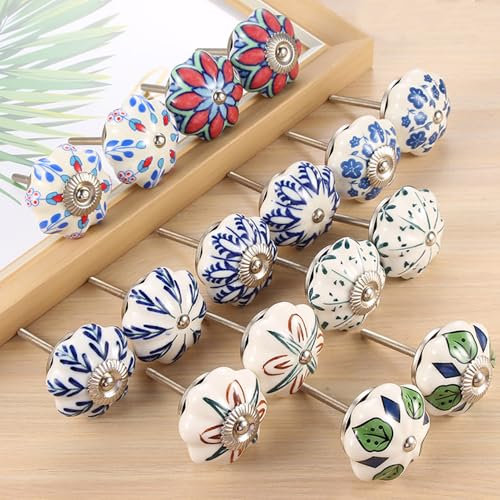 YOUYOUULU Handbemalte Keramikknöpfe - 9 Bunte Keramik Porzellan Griffe - Runde Porzellan Schrankknöpfe, Kürbis-Keramik-Schrankknöpfe
