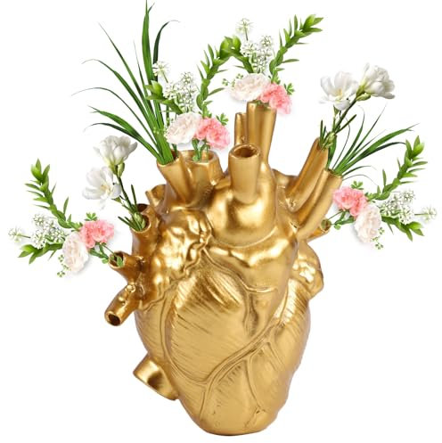 Herzvase, Blumen, 3D, anatomisch, dekorativ, Kunstharz, moderner Stil, Dekoration für Wohnzimmer, Bücherregal, Esszimmer, Zuhause, 17 cm (6,7 Zoll) (Gold)
