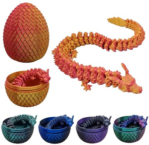 3D gedrucktes Drachenei mit Feuerdrache I Herstellung Deutschland I voll beweglicher Drache mit flexiblen Gelenken I ideal als Dekoration (rot/gold)