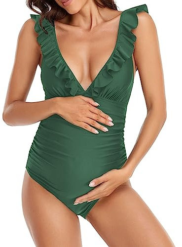 Maillot de Bain Grossesse Femmes Une pièce Bikini Maternité Col en V Maillot de Bain Enceintes avec Coussinet de Poitrine Amovible Froncé Vetement de Plage Piscine Source Thermale Swimwear