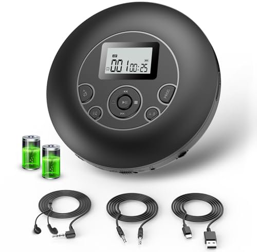 DESOBRY Lecteur CD Portable, Lecteur CD Rechargeable Discman avec Casque, Baladeur CD Portable à écran LCD, Hold Lock et Antichoc, AUX Câbles, Répétition A-B