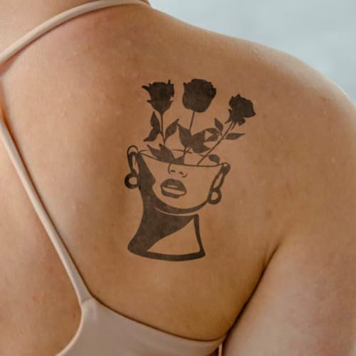 Gesichtsvase mit Rosen Tattoo - Inkster Tattoo | vegane & wasserfeste Temporäre Tattoos für Erwachsene - EU-Kosmetikzertifizierte Farbe - revolutionäres 2 Wochen Tattoo | Premium Klebetattoos