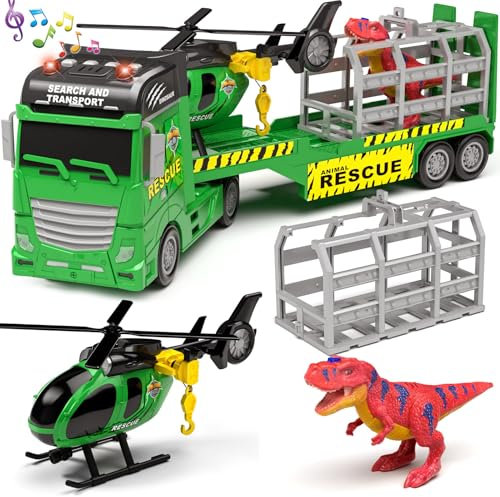 Tacobear Abschleppwagen Lastwagen Spielzeug Geschenke ab 2 3 4 5 Junge Groß Transporter LKW Spielzeug & Hubschrauber Dino Abnehmbar Anhänger Reibungsbetrieb Autotransporter Geschenkideen Kinder Jungen