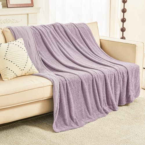 EMME Gewebte Musselin Decke Baumwolle & Fleece Sofadecke Tagesdecke, Flauschig Kuscheldecke für Couch Weich Leichte Atmungsaktive Überwurfdecke, 130x150,Lavendel