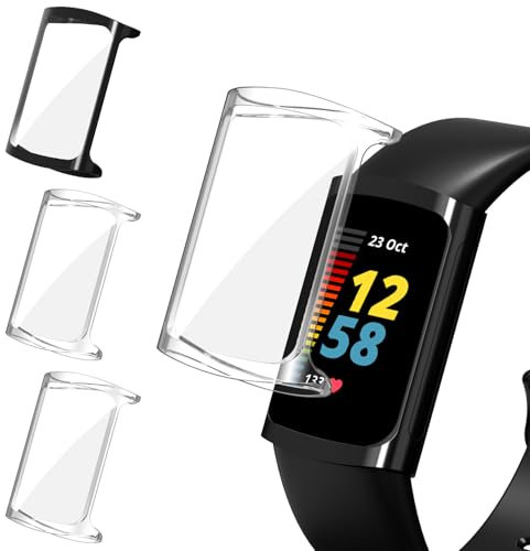 ivoler 3 Stücke Hülle mit Schutzfolie für Fitbit Charge 6 / Fitbit Charge 5, Vollständige Abdeckung Stoßfest Kratzfest Schutzhülle Ultradünne Weiche TPU Displayschutz Case, 2 Klar + 1 Schwarz