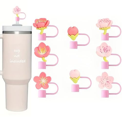 WYFCR 8pcs Flower Straw Covers Cap for Stanley Cup, Dust-Proof Topper for Water Bottle Cute Pattern, Cute Cartoon Straw Covers,Straw Toppers for Stanley, for 10mm Straws(Flower Style)