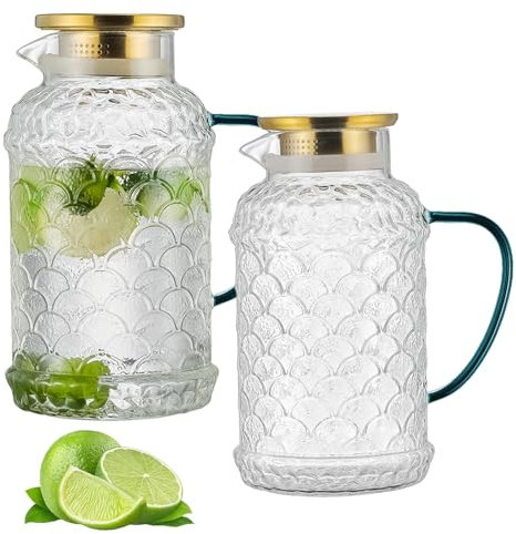 Buaic 2 PACK Glass Pitcher with Lid,68 oz/2 Liter Fish Scale Design Water Pitcher,Clear Borosilicate Glass Water Carafe for Cold Brew, Coffee, Lemonade, Iced Tea,Heat Resistant Water Glass Jug