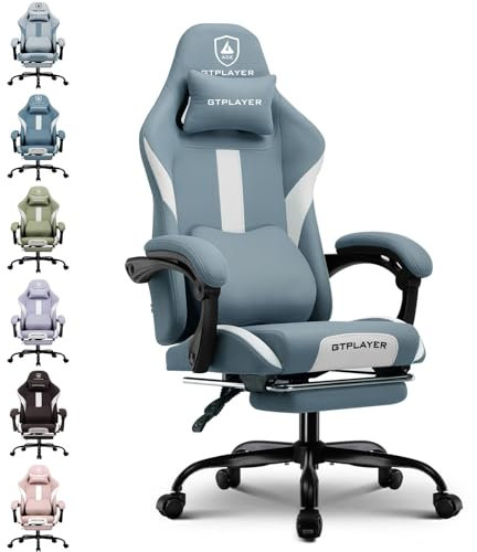 GTPLAYER Fabric Gaming Chair, Ergonomic Computer Chair with Footrest Lumbar Support Heavy Duty High Back Adjustable Height Svivel Office Desk Chairs (Blue)