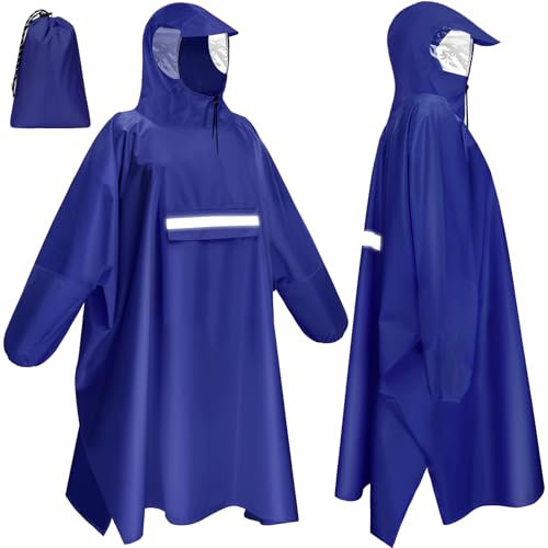 Faneam Impermeabile Poncho Antipioggia Uomo Poncho Antipioggia Donna Riutilizzabile Poncho da Pioggia con Strisce Riflettenti Poncho Impermeabile per Bicicletta, Trekking, Pesca(Blu)
