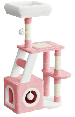 Dogat Cat Tree, 107cm Cat Tree Tower, Cat Climbing Frame with Scratching Post, Multi-Level Cat Activity Centre, Play House Furniture for Small and Medium Cats, Pink and White