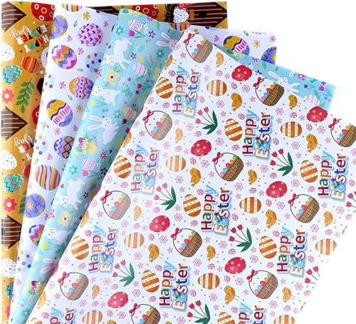 Geschenkpapier Ostern - 8 Blätter 70 x 50 cm Geschenkpapier Kinder Ostergeschenkpapier Rolle mit Osterhase Ostereier Oster Geschenkpapier für Ostern Geburtstag Hochzeit Geschenkverpackung Osterdeko
