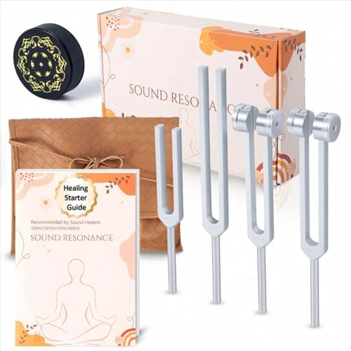 Tuning Forks for Healing Set, Including Four Frequency 128Hz, 136.1Hz, 174Hz, 528Hz Yoga and Meditation Accessories, Chakra Sound Therapy Instruments with Tuning Fork Activator and Vegan Leather Pouch | Weighted and Unweighted，Yoga/Meditation/Chakra/Sound Therapy Instruments，Hockey-Puck Activator, Vegan-Leather Pouch
