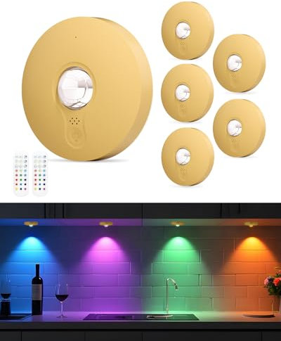 WUYOR USB Aufladbar RGB LED Spots Akku mit Fernbedienung, Farbwechsel Led Unterbauleuchte, Magnetisch Dimmbar Akku Schrankbeleuchtung, Kabellos Vitrinenbeleuchtung mit Timing Funktion Gold 6PCS