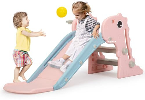 3 in 1 Toddler Slide, Baby Slide Plastic Climber Playset with Basketball Hoop and Ball, Indoor and Outdoor Playground for Kids, for Boys Girls Age 1 2 3 4 5 6 (Pink)