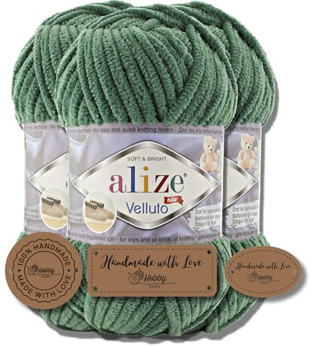 Hobby YARN 3x Etikettenlabel mit Alize Velluto Wolle Premium 3x100g als Set, Chenille Dicke Wolle zum Häkeln Uni Farbe Bulky Amigurumi Baby Kuschelwolle Filzwolle (Pine Green - 532)