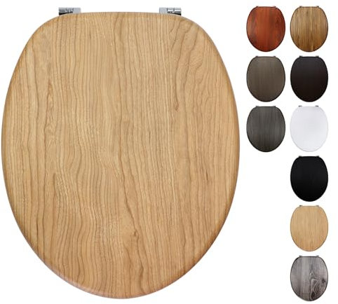 Fanmitrk Toilet Seat Oak Wooden, MDF Moulded Wood Toilet Seat with Adjustable Zinc Alloy Hinges with Bottom Fixings, Easy to Clean and Install (JHE100-1-02)
