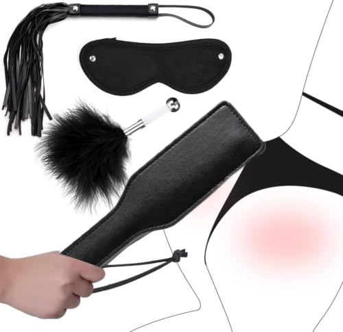 Leather Whip Suit 4 PCS Feather Tickler Spanking Paddle Blindfold Restraints Role Play Adult Game BDSM Bondage Kit for Couples Sensual Adult Toy Set for Foreplay