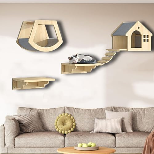 ZSXZCBDQ Katzen Kletterwand Set, Natural Paradise, Wand-Katzenregal für Mehrkatzenhäuser – Massivholz Kiefer, 10 Kg Tragkraft, 5 Platzsparende Pakete(4pcs)