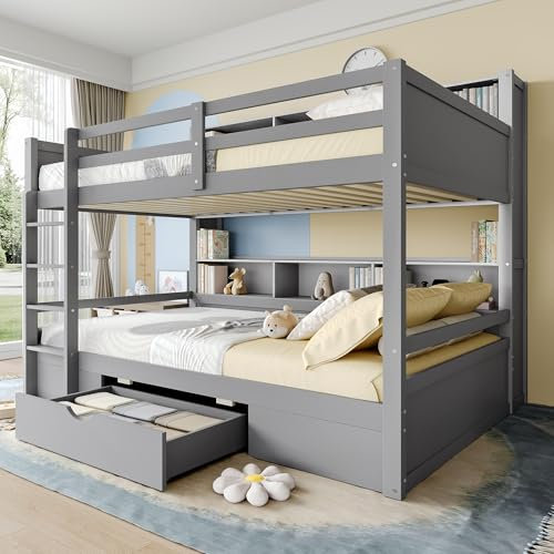 LAKFEW Kinderbett Etagenbett 90x200 cm für 2 Kinder, Hochbett mit Stauraum Schubladen, Stauraumbett Bett mit Leiter, Holzbett Bettgestell mit Lattenrost und Rausfallschutz, Ohne Matratze, Grau