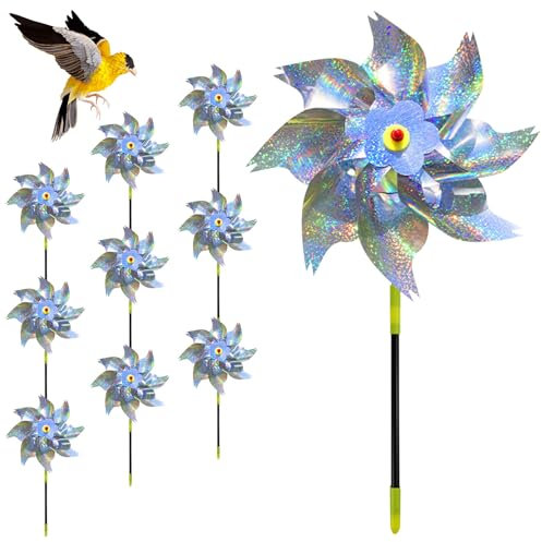 10 Stück Windrad Vogelabwehr, Reflektierende Windmühle Taubenschreck Taubenabwehr Vogelschreck Windrad Windspiel Garten für Farm Obstgarten Hof (Silberne Punkte)