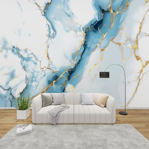 GEDAEUBA Papier Peint Panoramique Marbre Bleu Blanc Or, Papier Peint Intissé Motif Abstrait Moderne, Tapisserie Panoramique Salon, Décoration Murale Chambre, 450x315 cm