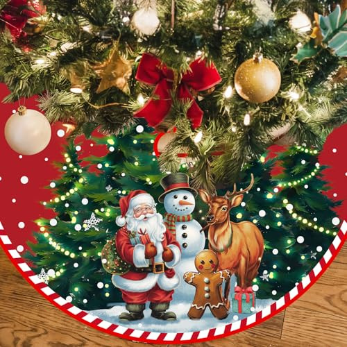 Weihnachtsbaum Decke, 120cm Dunkelrot Weihnachtsbaum Rock, Groß Weihnachtsbaumdecke mit Weihnachtsmann & Schneemann, Rund Polyester Christbaumdecke Tannenbaumdecke für Winterferien Weihnachten Party