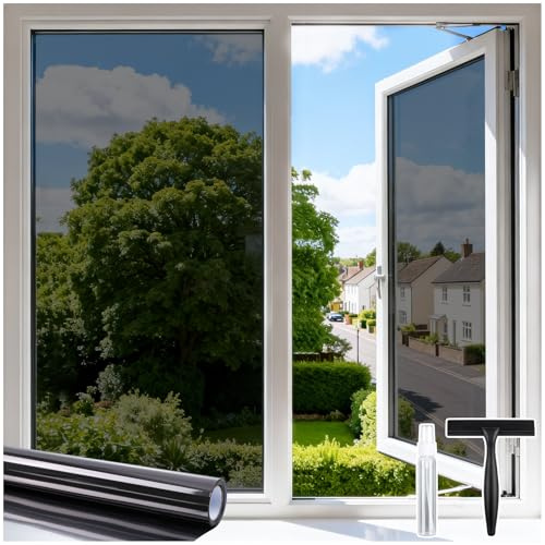 DOWELL One Way Window Film Privacy with Tools, Black Silver, 44.5x200cm | Heat Reflective Privacy Film for Glass Mirror Tint Film Anti Glare UV, Sun Block Static Cling See Out Not In for Home, Office