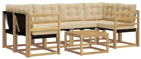 vidaXL Outdoor-Sofagarnitur mit Kissen 7 pcs Weiß und Beige, Moderne Garten-Sofa-Garnitur, Robustes Akazienholz, Bequeme Terrasse, stilvolle Couch zum Entspannen