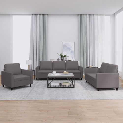 fadaoet 3-TLG. Sofagarnitur mit Kissen Grau Kunstleder, Robustes Gestell, 3-Sitzer, 2-Sitzer, Sessel, Living Room couches, Comfy Sets, freundlich für entspannte Stunden