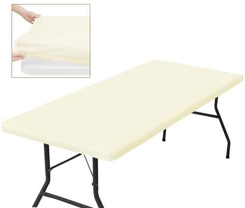 Glop Outdoor Tischdecke 182x76, Garten Tischdecken für Draußen, Tischdecke Abwaschbar, Beige, Rechteckig, Wasserabweisend und Elastisch, Spanntischdecke mit Gummizug für Balkon oder Camping