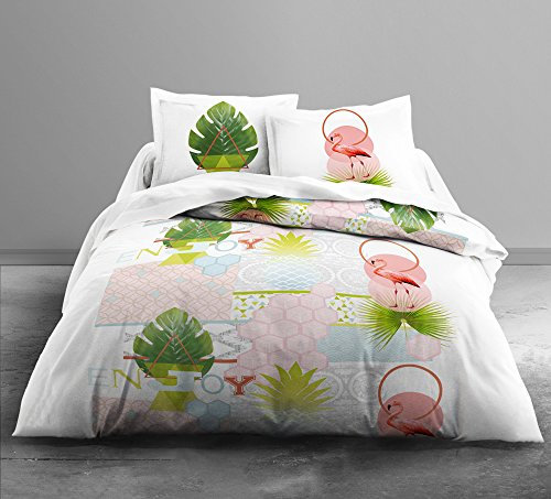 Today Parure de lit 2 Personnes Zen Puertorico Housse de Couette 220x240 cm + 2 taies d'oreiller 63x63cm, Coton, Blanc/Vert/Rose