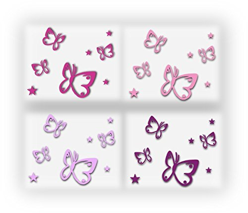 XL MIXED SET Fahrradaufkleber, Schmetterlinge mit Sternen ~Pink Miss~, 32 Stück Autoaufkleber bunte Sticker Outdoor, Wandtattoo & Fensterbild in 4 Farben, pink, rosa, lila, flieder