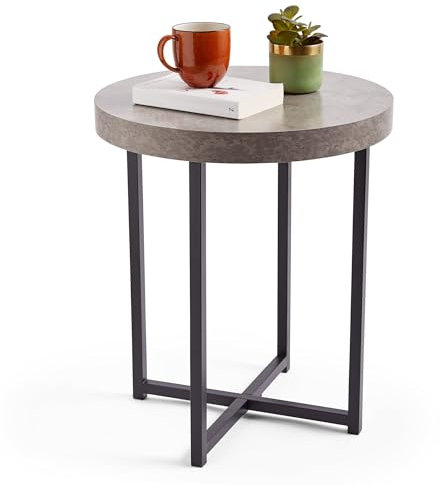 VonHaus Grey Side Table - Concrete Effect End Table – Living Room Table w/Industrial Black Legs – Round Small Table for Living Room, Dining Room, Lounge & Hallway – Circular Bedside Stand for Bedroom
